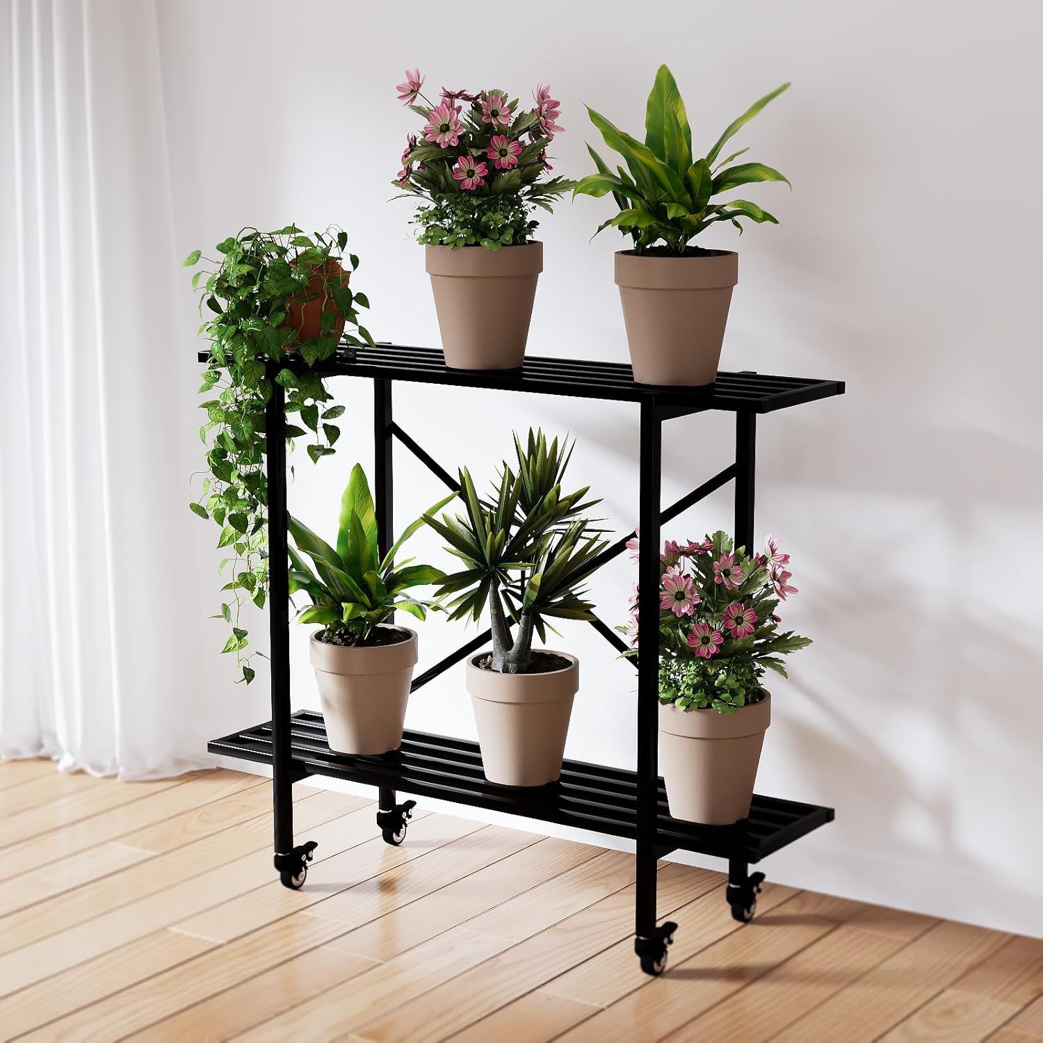 Zhongma 2 Tier Metal Sturdy Narrow Plant Stand with Wheels Plant