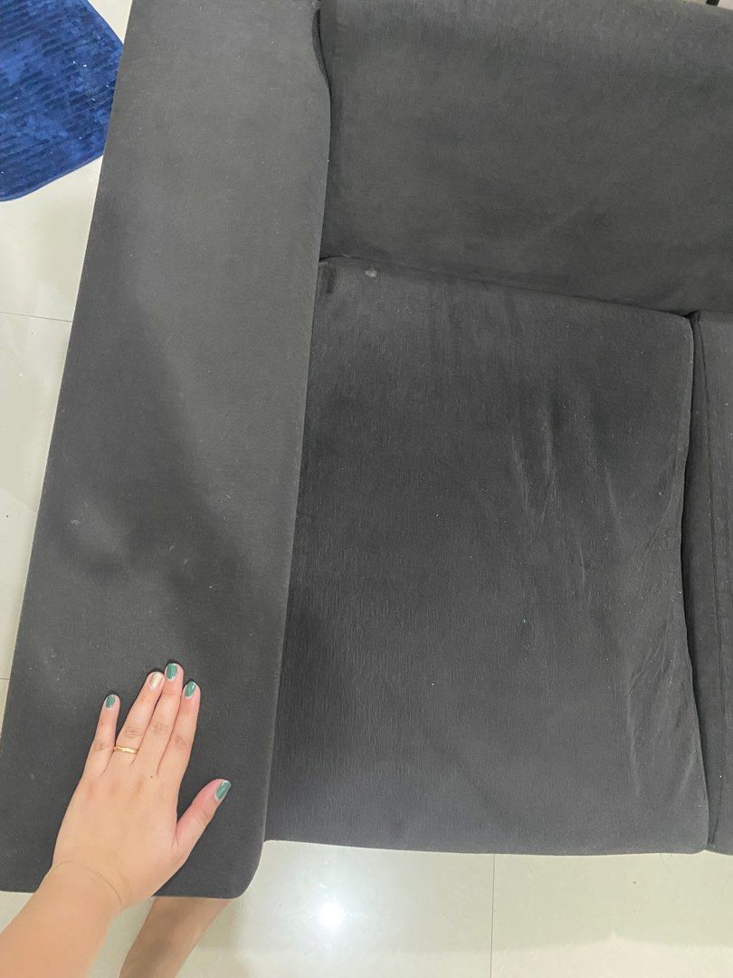 2 seater black couch with free sofa cover (Category: Sofas) located in Rizal. Submitted by julsdeclutterss (Listing ID 1288347959, Image 3). Description: Bought it for 18k Comfy and cozy Super black, naka cover since nabili. Sa lightning ata kaya may white white Issue: need reinforcement sa right front na paa nung sofa then parang lundo ng very light may nabali na wood but still a decent sofa that serves its purpose Rfs : moving out.