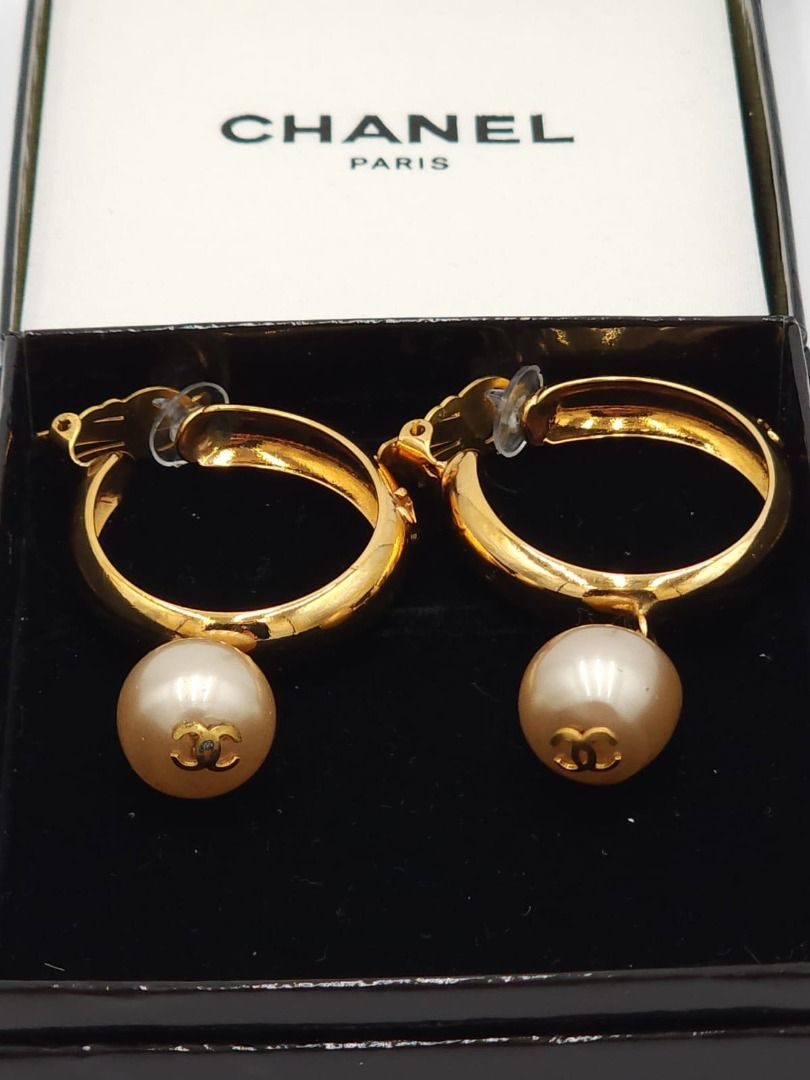 Authentic Chanel Vintage Coco White Pearl Hoop Earrings Women s Fashion Jewelry on Carousell