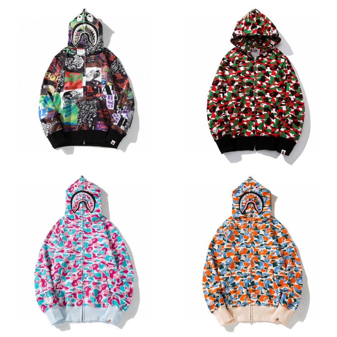 BAPE鯊魚頭HEAD ONE POINT CREWNECK滿印多圖案連帽衛衣拉鏈外套, 女裝, 外套及戶外衣服- Carousell