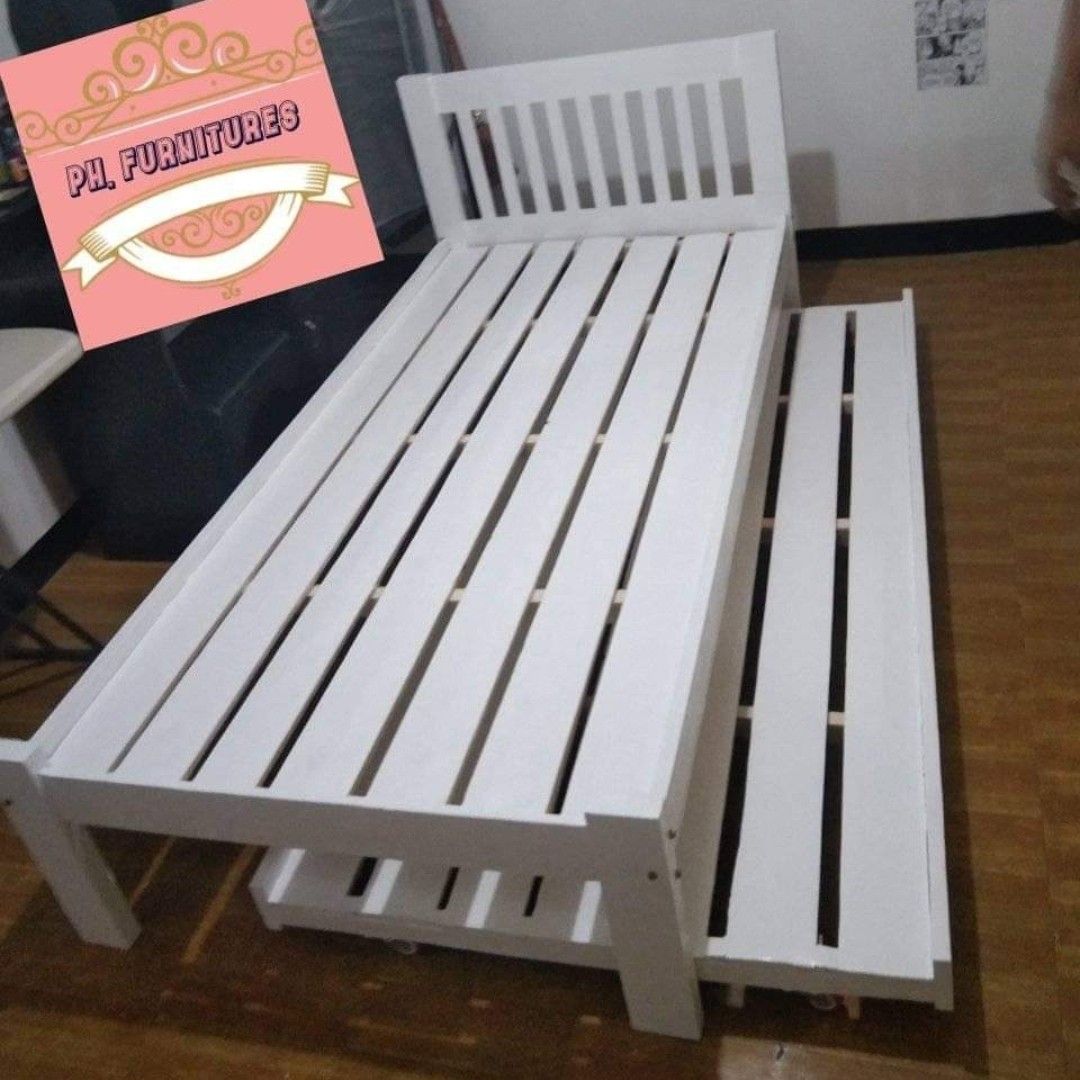 Bed frame with pull out (Category: Bed Frames & Mattresses) located in Manila. Submitted by jovetph. (Listing ID 1288383025, Image 1). Description: size 36x36x75 bed frame with pull out natural VARNISH and COLOR are available made to order pwedi po kayo maGpa custumize Ng bed and choice your design and color ☺️ direct message me po or pm Sa aming pages 📃 PH FURNITURE 🫶🏼 salamat po🫶🏼.