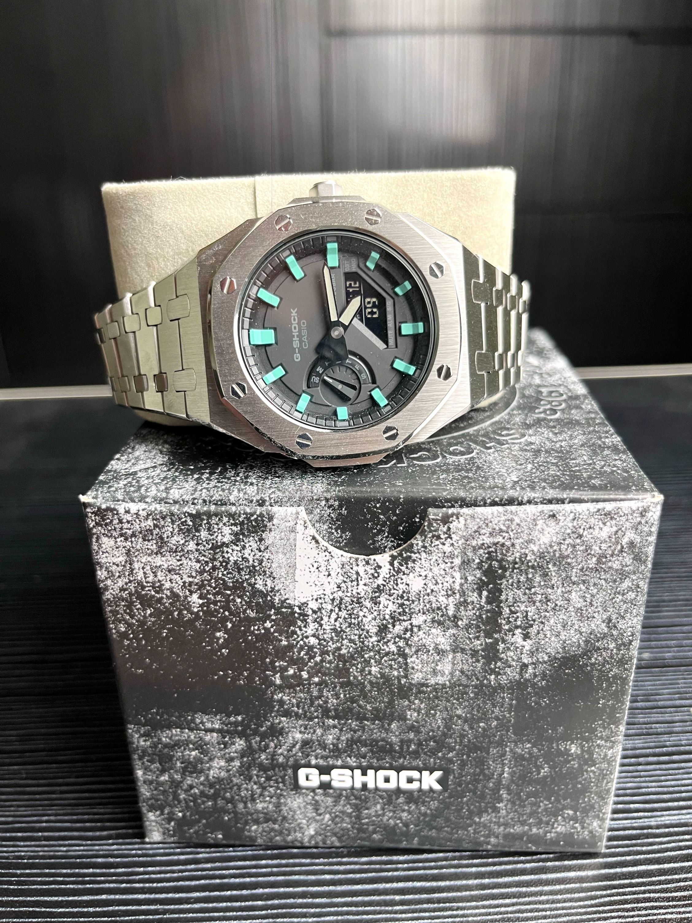 Casio G SHOCK Custom Royal Oak Casio Oak Men s Tiffany Blue STEEL Watch G Shock GA 2100 1A2 Custom Mod with Steel Bracelet Black dial with