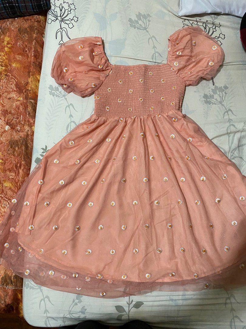 Women off shoulder dress floral daisy ruffle mesh hotsell lolita puff sleeve midi