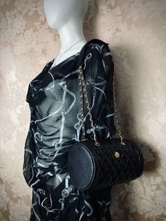 DRAMATIC SCARF DRESS Voluminous Noir Gathered Grecian Pleats Horsebit Leather Belt Curb Chains Print Longline Top