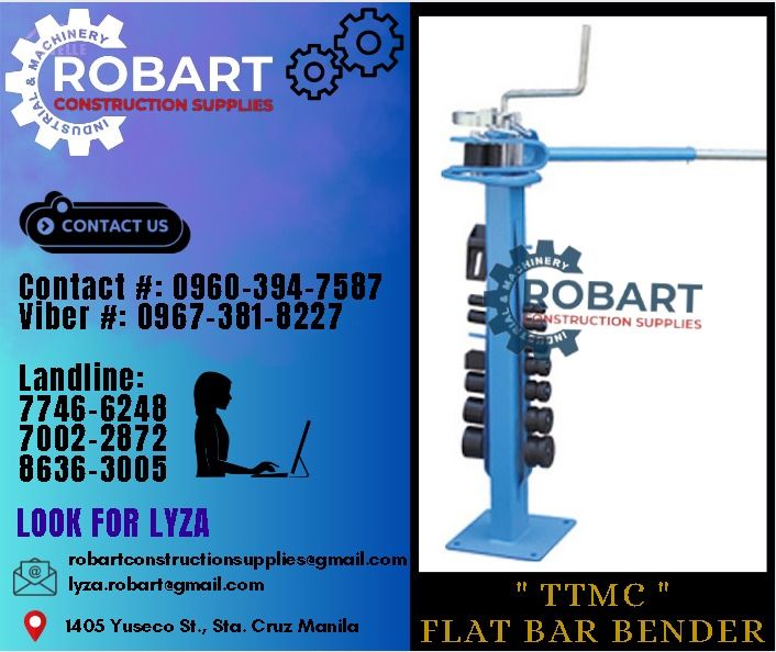 FLAT BAR BENDER TTMC (Category: Construction Tools & Equipment) located in Manila. Submitted by lyzarobart11 (Listing ID 1288287415, Image 1). Description: FLAT BAR BENDER TTMC Model: UBM-30 Mild Steel Capacity: 8 x 50mm, 6 x 50mm Bending Angle: 0 - 200deg. (31kgs) 𝐒𝐄𝐍𝐃 𝐔𝐒 𝐌𝐄𝐒𝐒𝐀𝐆𝐄 𝐅𝐎𝐑 𝐈𝐍𝐐𝐔𝐈𝐑𝐈𝐄𝐒 ‼️ 0 9 6 7 3 8 1 8 2 2 7 0 9 6 0 3 9 4 7 5 8 7 𝐋𝐚𝐧𝐝𝐥𝐢𝐧𝐞 𝐍𝐮𝐦𝐛𝐞𝐫𝐬: 𝟕 𝟕 𝟒 𝟔 - 𝟔 𝟐 𝟒 𝟖 / 𝟕 𝟎 𝟎 𝟐 - 𝟐 𝟖 �