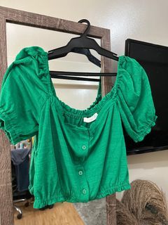 Green cotton casual puff sleeves top