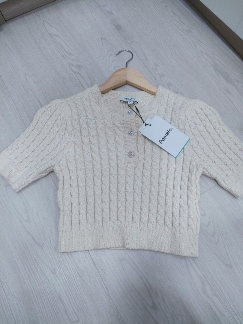 Contrast Ribbed Knit Top - Beige - Pomelo Fashion