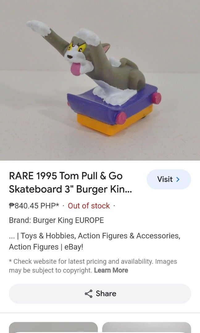 Rare burger king Tom pull & go skateboard (Category: Vintage Collectibles) located in Iligan City. Submitted by shehabdor98515 (Listing ID 1288367545, Image 3). Description: what you see is what you get with minimal flaws see pic slowly.