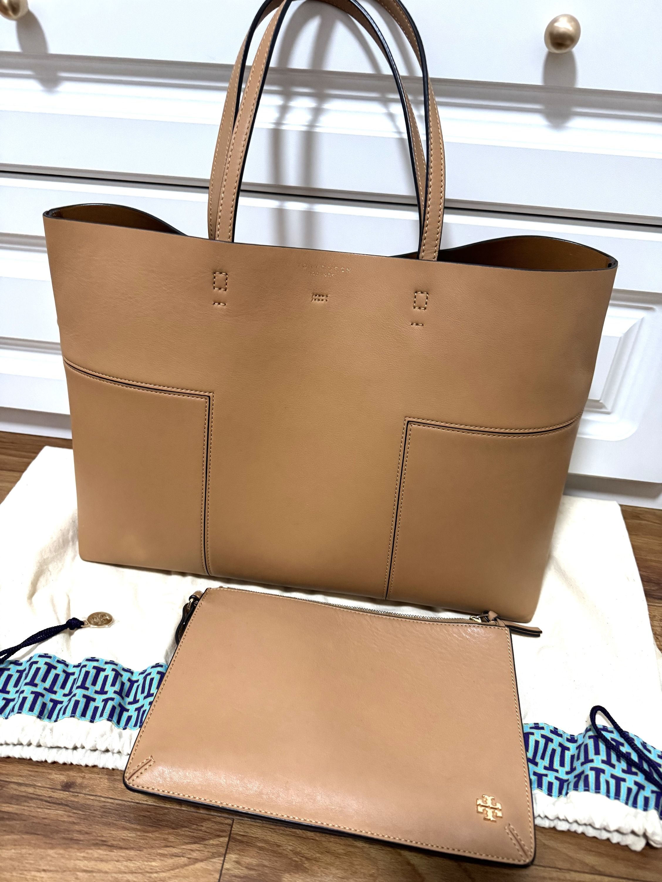 TORY BURCH Large leather tote bag with clutch