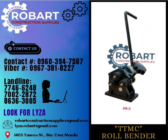 "TTMC" Roll Bender (Category: Construction Tools & Equipment) located in Manila. Submitted by lyzarobart11 (Listing ID 1288242590, Image 1). Description: "TTMC" Roll Bender Model: PR-3 (376001) Diameter of Roller 32mm Round Steel Cap. 6.5mm Flat Steel Cap. 25 x 4mm 𝐒𝐄𝐍𝐃 𝐔𝐒 𝐌𝐄𝐒𝐒𝐀𝐆𝐄 𝐅𝐎𝐑 𝐈𝐍𝐐𝐔𝐈𝐑𝐈𝐄𝐒 ‼️ 0 9 6 7 3 8 1 8 2 2 7 0 9 6 0 3 9 4 7 5 8 7 𝐋𝐚𝐧𝐝𝐥𝐢𝐧𝐞 𝐍𝐮𝐦𝐛𝐞𝐫𝐬: 𝟕 𝟕 𝟒 𝟔 - 𝟔 𝟐 𝟒 𝟖 / 𝟕 𝟎 𝟎 𝟐 - 𝟐 𝟖 �