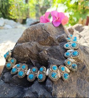 Vintage Silver Toned Brass Turquoise Choker Costume Necklace