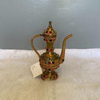 Vintage Tibetan Brass Metal Filigree With Coral Turquoise Pot