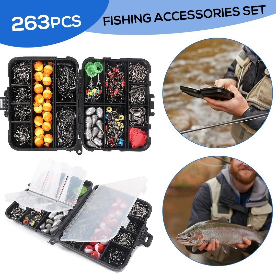 263pcs/Set Fishing Accessories Set with Tackle Box Including Plier Jig  Hooks Sinker Weight Swivels Snaps Sinker Slides, 運動產品, 行山及露營- Carousell