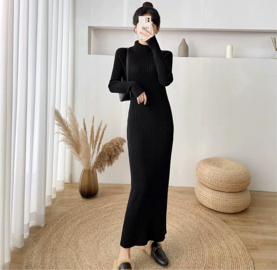 Black Ribbed Knitted Bodycon Dress Turtleneck Women s Fashion Dresses Sets Dresses on Carousell