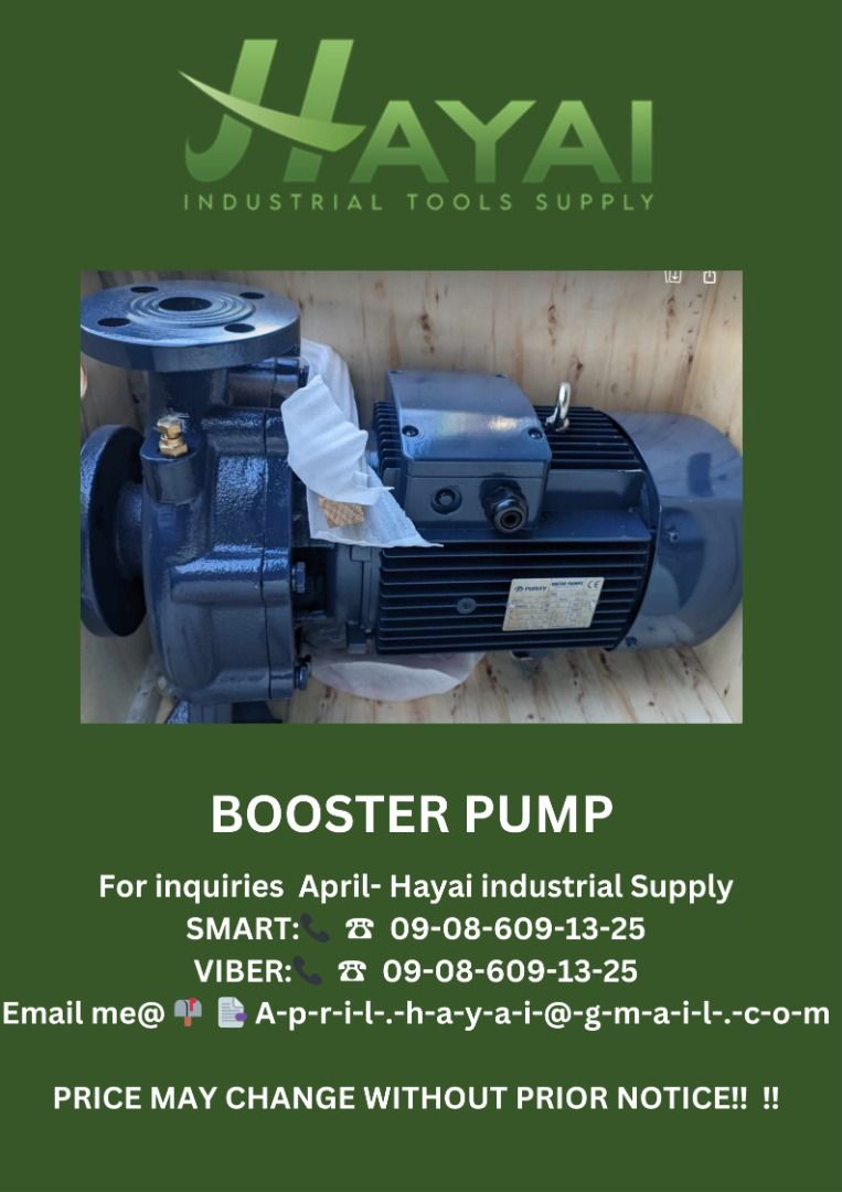 Booster pump (Category: Construction Tools & Equipment) located in Caloocan City. Submitted by aprilv96843328 (Listing ID 1288563814, Image 1). Description: Booster pump Specs: 4hp/3phase PRICE: 52,100 For inquiries April- Hayai industrial Supply 📞 ☎ 0-9-0-8-6-0-9-1-3-2-5 Email me@ 📫 📑 A-p-r-i-l-.-h-a-y-a-i-@-g-m-a-i-l-.-c-o-m PRICE MAY CHANGE WITHOUT PRIOR NOTICE‼️ ‼️ .