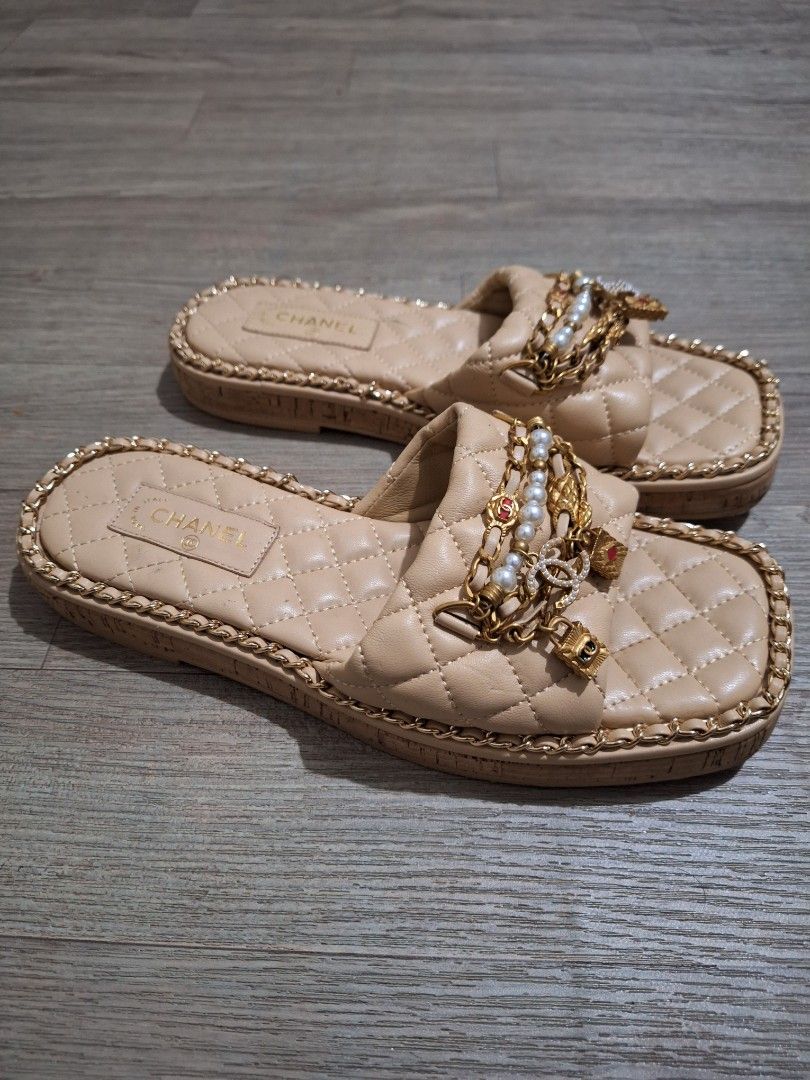 CHANEL Quilted And Chain Slides Beige Women s Fashion Footwear