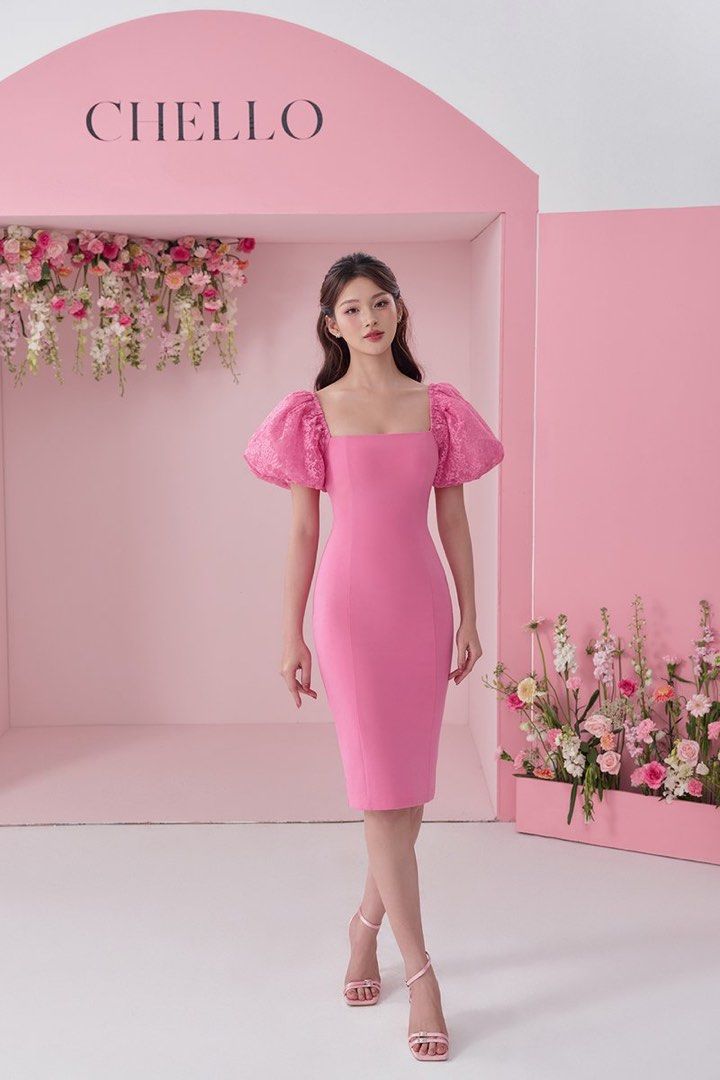 Chello ARRIETTY LACE PUFF SLEEVES PONTE PENCIL DRESS IN TAFFY PINK