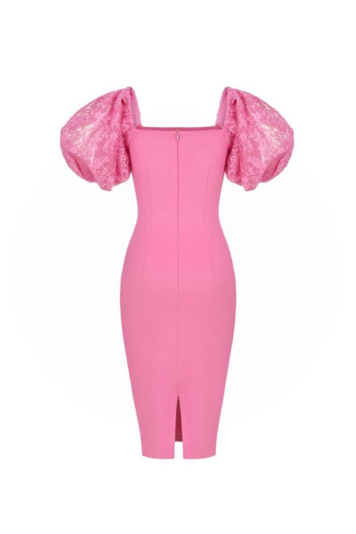 Chello ARRIETTY LACE PUFF SLEEVES PONTE PENCIL DRESS IN TAFFY PINK