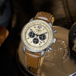 CITIZEN 星辰 Eco-Drive 光動能 Chronograph CA4500 系列 100M 防水 卡其色面 啡色皮帶 CA4500-16X64214781838466110