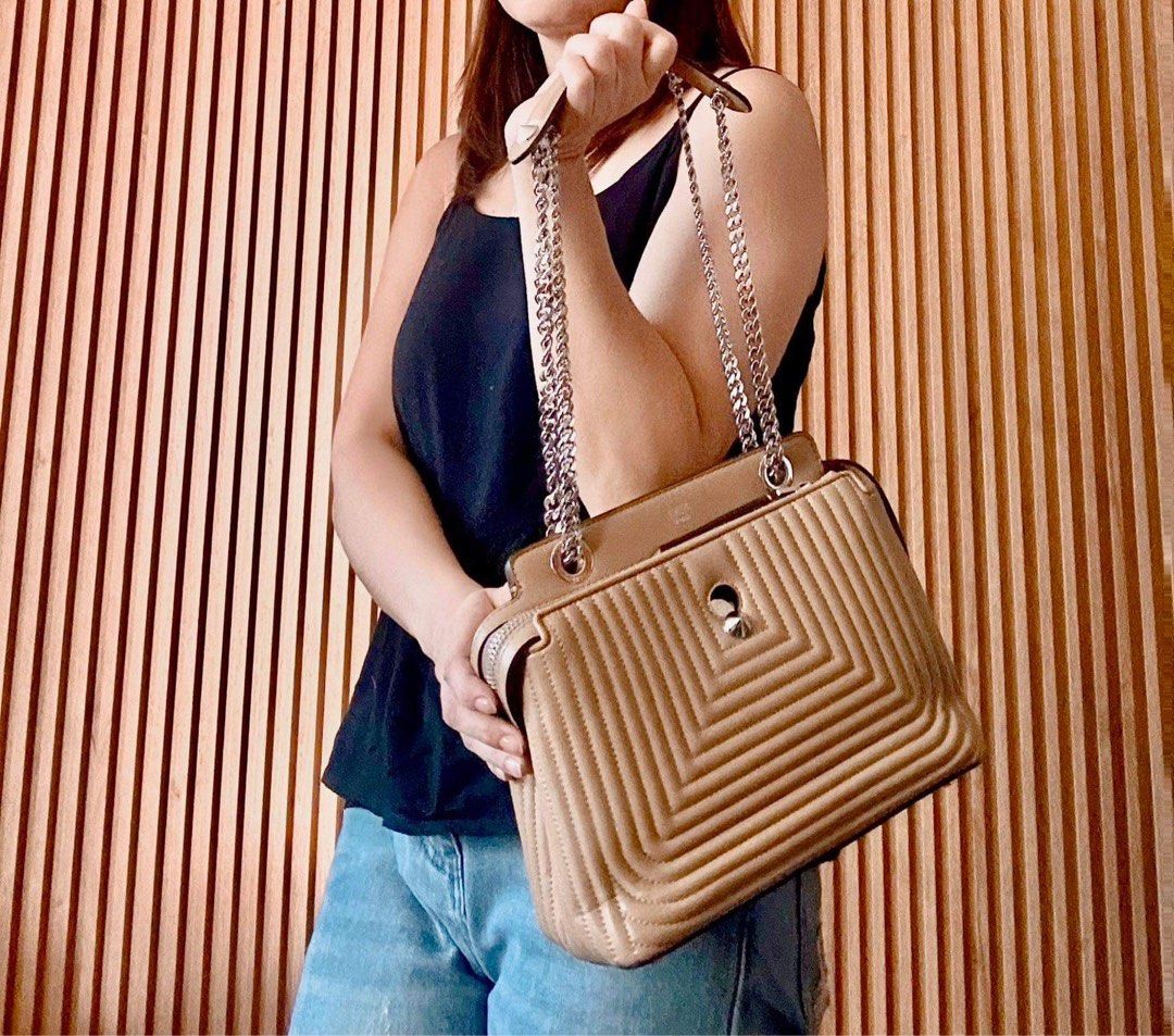 FENDI Beige Quilted Leather Dotcom Click Shoulder Bag (Category: Luxury Bags & Wallets) located in Mandaluyong City. Submitted by flohro (Listing ID 1288608665, Image 2). Description: Rarely used Mint condition 9/10 With dustbag only.