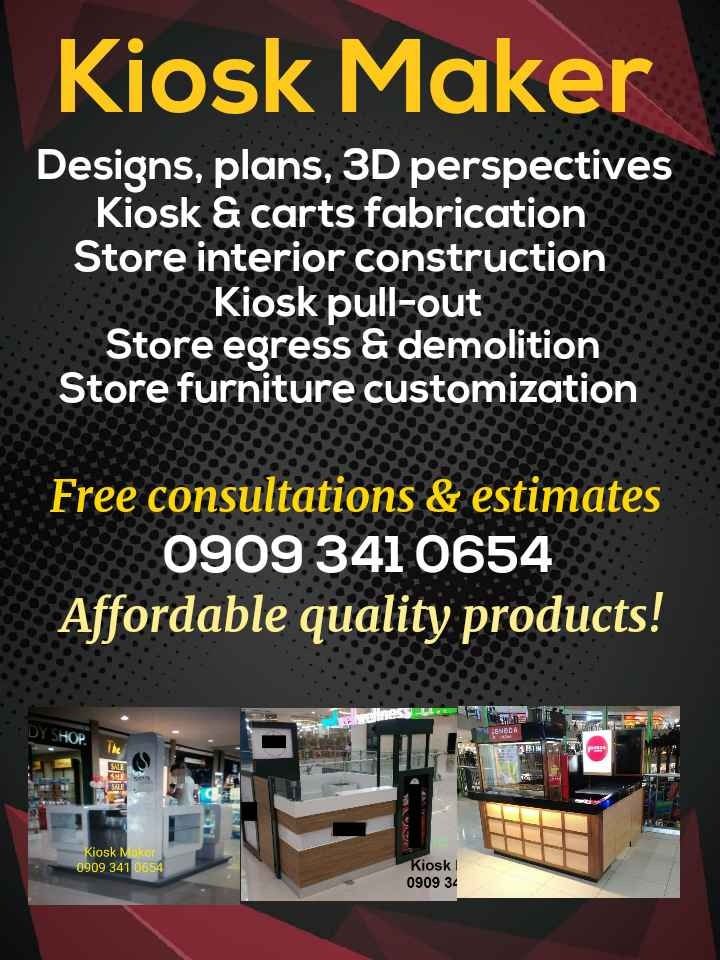 Food Kiosk in Mall (Category: Everything Else Others) located in Imus. Submitted by dynaverse1 (Listing ID 1288622086, Image 2). Description: We design, fabricate, deliver, install, renovate, repair all types of kiosk SM, Robinsons, Vista, Ayala, other malls and commercial areas We do all-in package or itemized customized work More than 10 years experience QUALITY, ATTRACTIVE DESIGN, AFFORDABLE! FREE ESTIMATE FREE DELIVERY FREE INSTALL Call or te