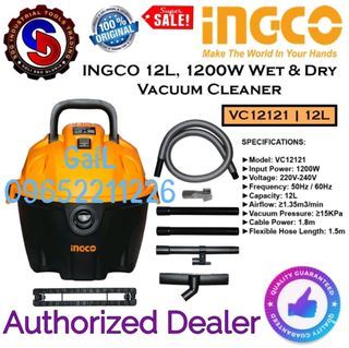 INGCO 1200W Wet & Dry Vacuum Cleaner 12L Capacity Household Floor Cleaning Tools Wet/Dry Vacuum Cleaner (VC12121)