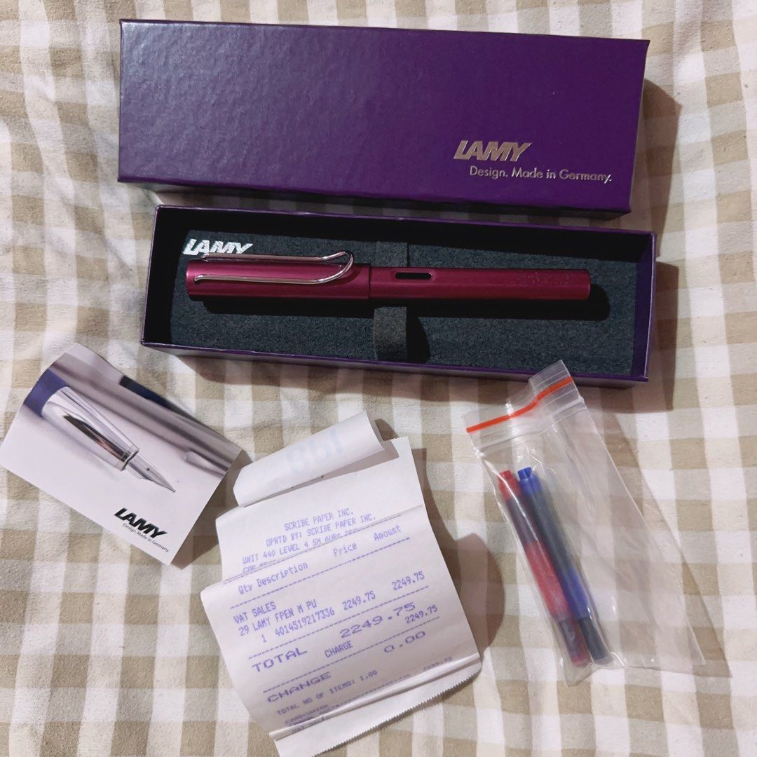 Lamy Al Star Black Purple F (Category: Stationery & School Supplies) located in Marikina City. Submitted by monickertheseller (Listing ID 1288602833, Image 1). Description: Lightly used Used only once when I first bought it then I kept it in its box. I don't recall any issues F nib Includes original box and cartridge With converter With receipt from Scribe With Warranty Card Gcash Gogo Xpress.