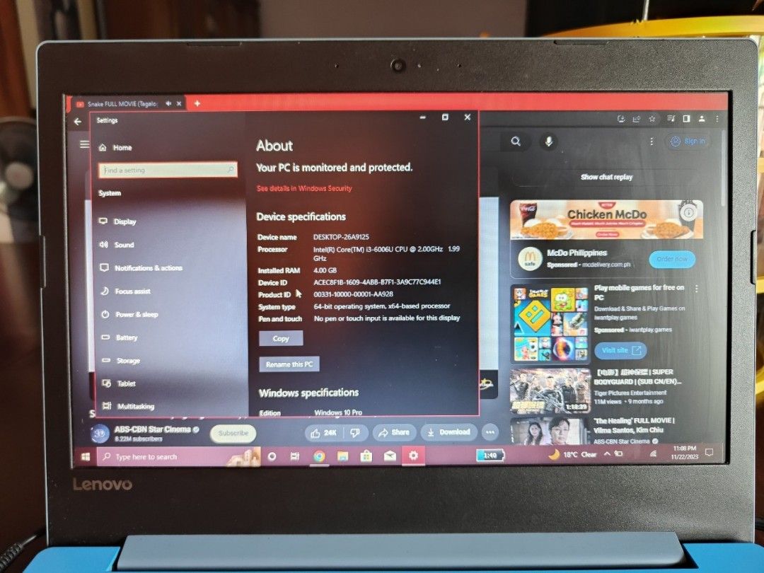 Laptop swap with Camera (Category: Laptops & Notebooks) located in Quezon City. Submitted by gadgetsun (Listing ID 1288699873, Image 3). Description: -Lenovo Intel Core i3 upto 2.20ghz 8gb ram ddr4 upto 16gb max 128gb ssd 14inch led HD malinaw 3D Dual speakers loud Dolby Audio builtin webcam Wifi plus Bluetooth Windows 11 and ms Office installed.