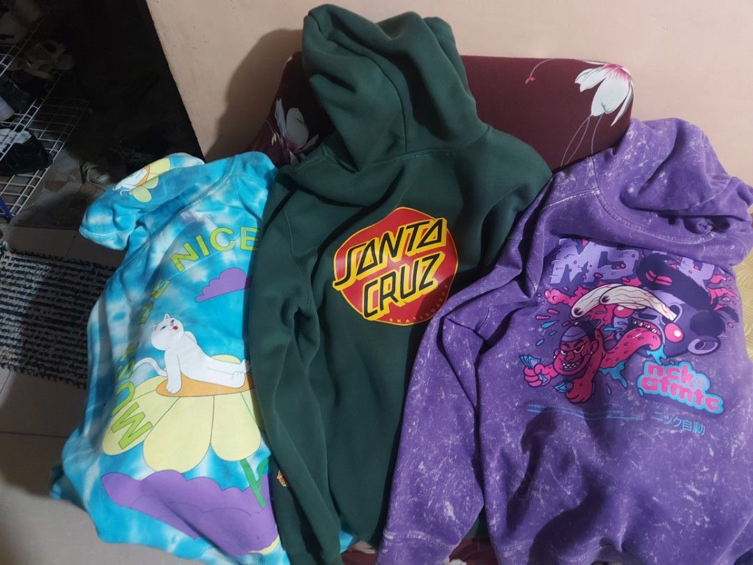 Ripndip,Santa Cruz, NckatmtcxMstr (Category: Hoodies) located in Binan City. Submitted by tianmartinez21 (Listing ID 1288681282, Image 1). Description: Ripndip - Daydream hoodie (Orig) 2k Condition: 8 Color Rate: 8.5 Issue: Minimal cracks on print/Nermal has a pink stain barely visible. Santa Cruz Hoodie - Rare Hoodie (Orig) 2k Condition: 10 Color Rate: 10 Issue: None Nick Automatic x Master Hoodie collaboration (Orig) 1.7k Condition: 8 (Distress