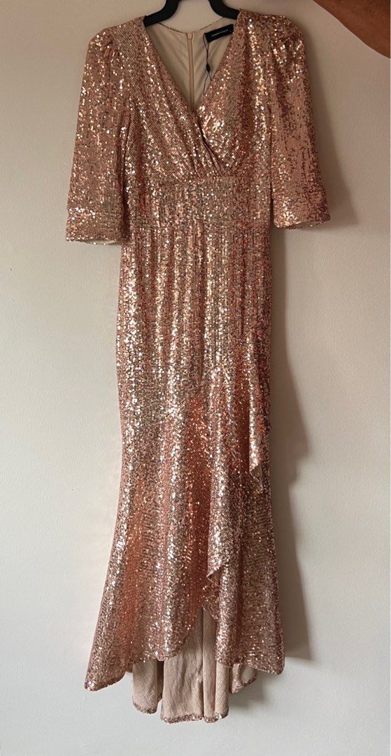 bebe rose gold sequin dress Sequin Cowl Back Midi Dress in Rose Gold