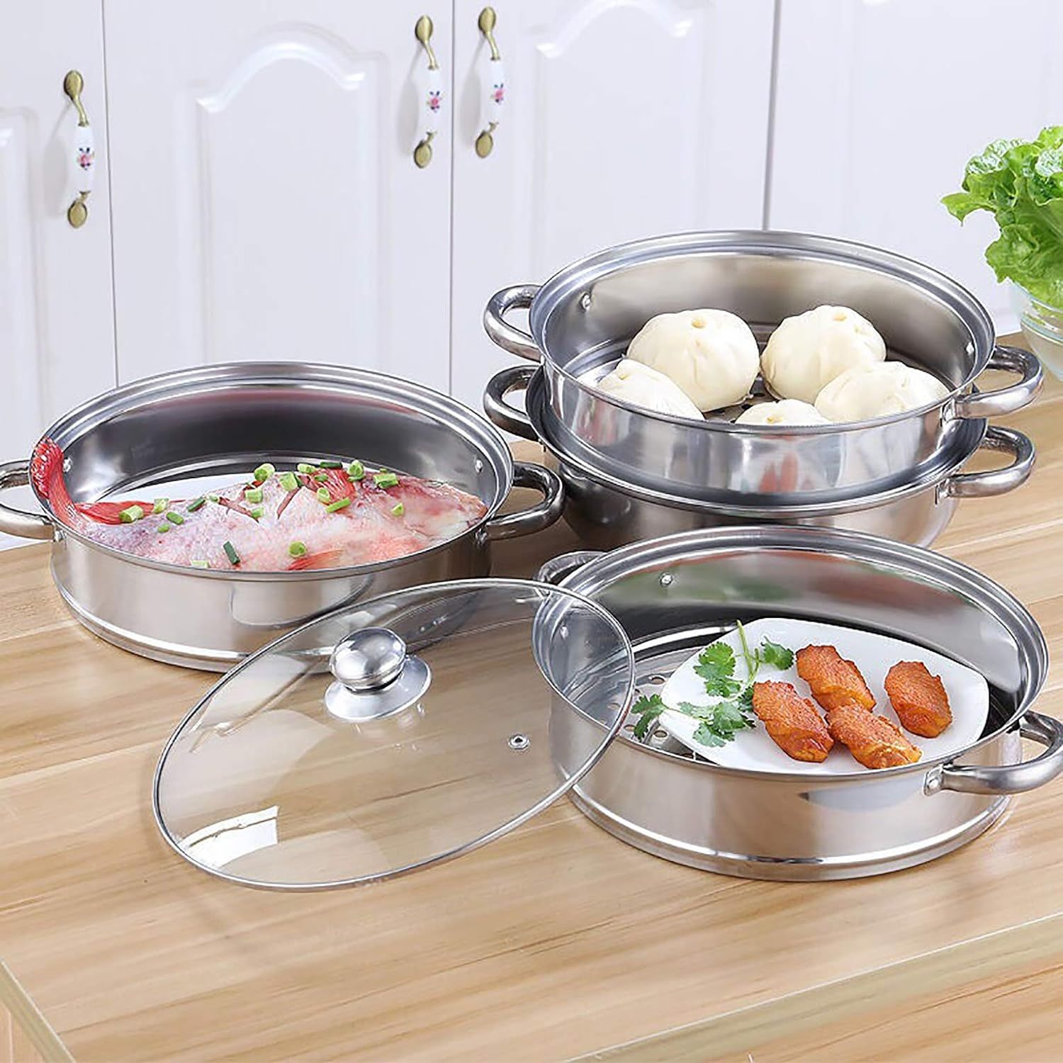 Steamer Pot Stainless Steel 2 Tier 28cm Steamer Pot w Glass Lid Food Veg Cooker Pot Cooking Pan Steaming Pot Dim Sum Cookware Steamer For Kitcken