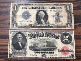 US Dollars BIG 2$ 1917 Jefferson Bracelet Reverse 1$ 1923 Horse Blanket Rare Silver Certificate Very Fine