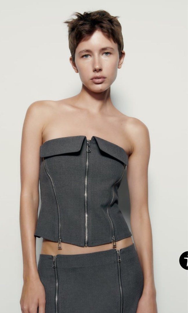 NWT M Zara Quilted Satin Style Silver Bustier w/ Corset Back Crop Top  Bralette