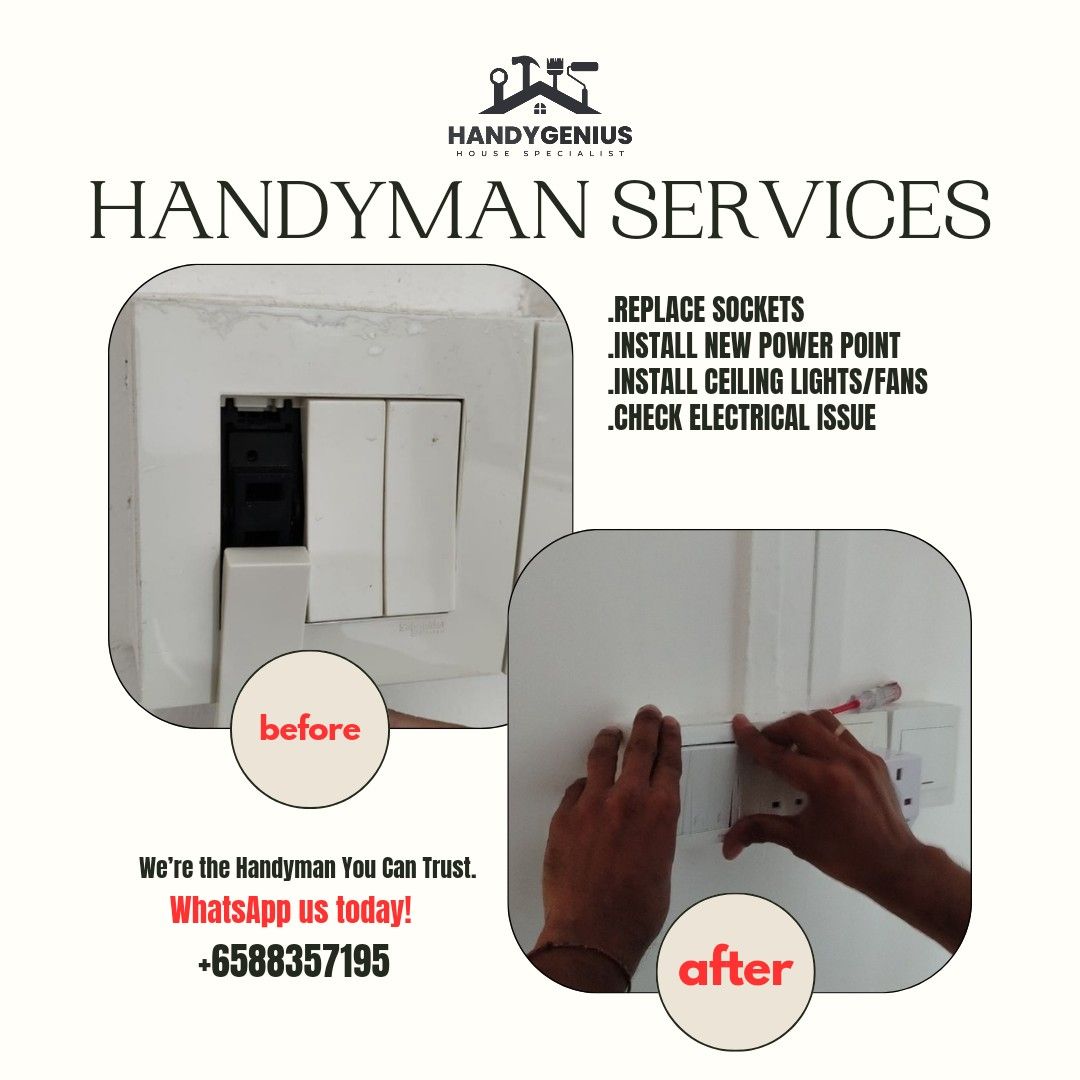 24/7 Handyman|Plumber|Electrician|Drilling Services|Silicone services|Install Curtains/Blind|Dismantle|Furniture Assembly |Taobao installation|Affordable|Frame Install|Shelf Install|Leaking Repair|Hinge Replacement|Cabinet runner replacement|Cheap (Category: Handyman and Drilling Services) located in Singapore. Submitted by handy_genius (Listing ID 1286730514, Image 3). Description: Handy Genius Handyman Company offers a comprehensive range of se