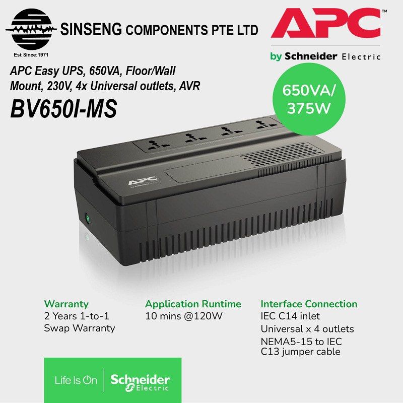 APC BV650I-MS EASY 650VA - UPS BV 650VA / 375W Uninterruptible Power Supply Battery Backup (UPS), 4 Universal Outlet, 230V AC, BV650I-MS [Suitable:For CCTV, IP Camera, Wifi Router, Modem, PC]