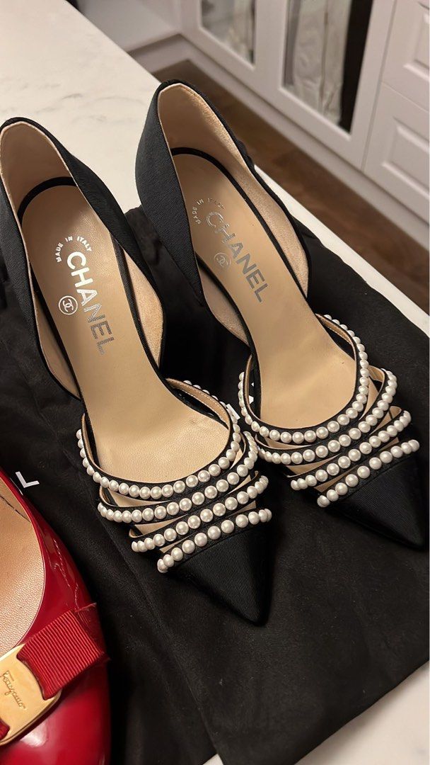 Chanel Black Leather Faux Pearl Heel Slingback Pumps | DBLTKE Luxury  Consignment Boutique