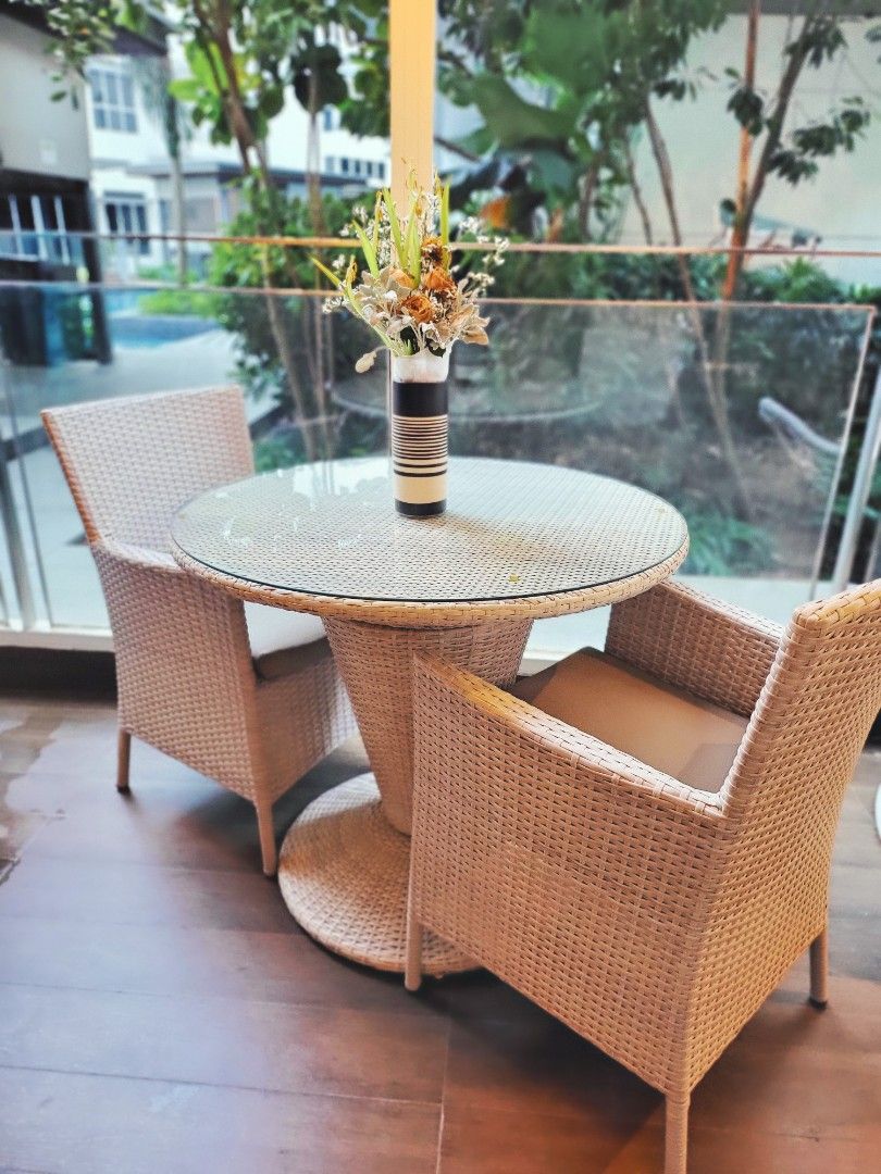 Courtyard Terrace Garden Balcony Rattan Dining Set Ivory Beige