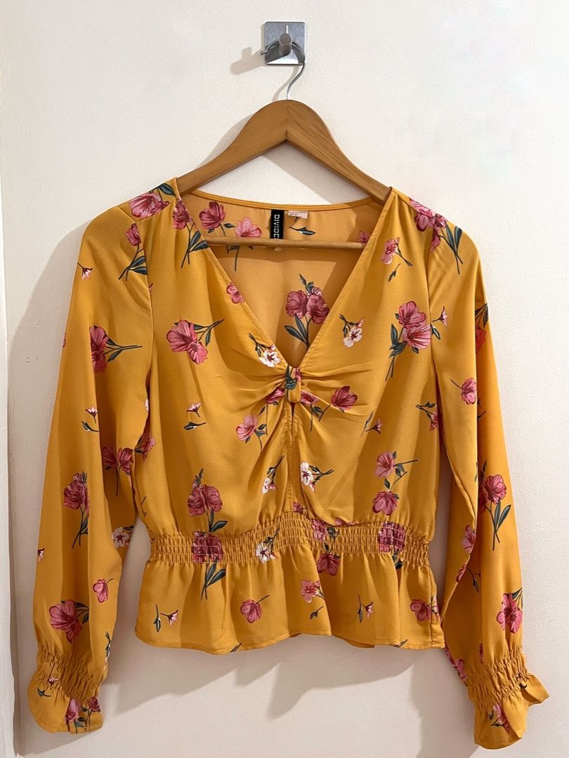 H M Yellow Floral Blouse Women s Fashion Tops Blouses on Carousell