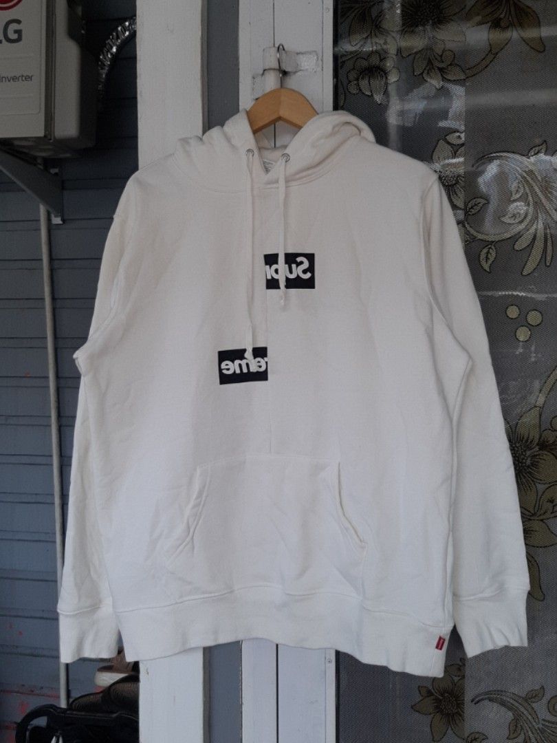 Hoodie Supreme x CDG Split Logo White, Fesyen Pria, Pakaian