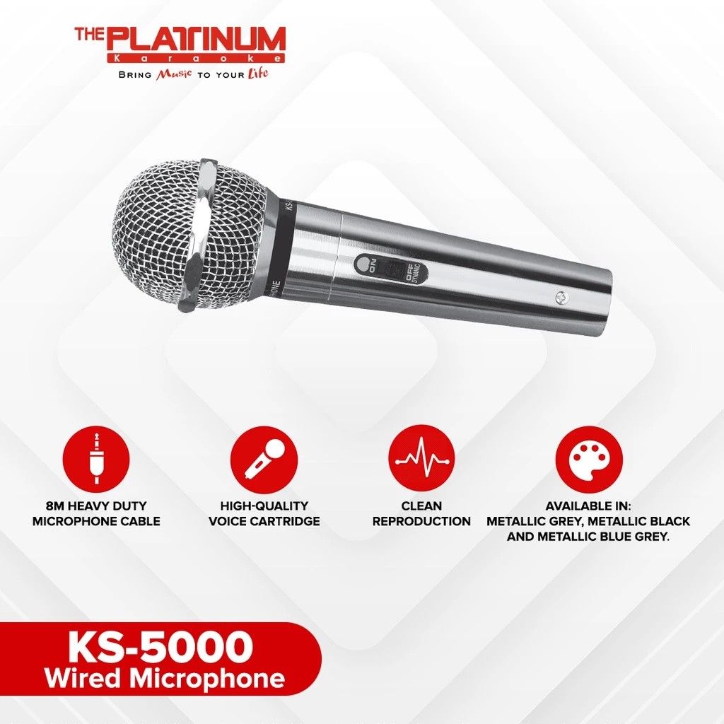 KS-5000 Platinum Karaoke Wired Microphone (Category: Microphones) located in Quezon City. Submitted by trishopstuff (Listing ID 1288821131, Image 1). Description: RFS: not compatible sa soundbar/speaker namin kasi walang RCA connection yung speaker namin. Bought this sa orange shop. Used only twice. Di na magamit, for declutter. Buy at your own risk. No return, no refund. Payment first before ship out. Location: Bulacan, QC, Manila.