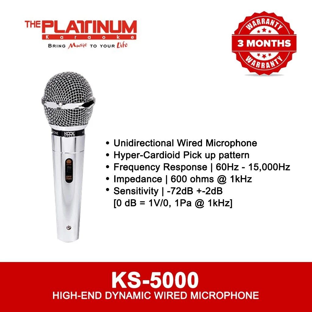 KS-5000 Platinum Karaoke Wired Microphone (Category: Microphones) located in Quezon City. Submitted by trishopstuff (Listing ID 1288821131, Image 2). Description: RFS: not compatible sa soundbar/speaker namin kasi walang RCA connection yung speaker namin. Bought this sa orange shop. Used only twice. Di na magamit, for declutter. Buy at your own risk. No return, no refund. Payment first before ship out. Location: Bulacan, QC, Manila.
