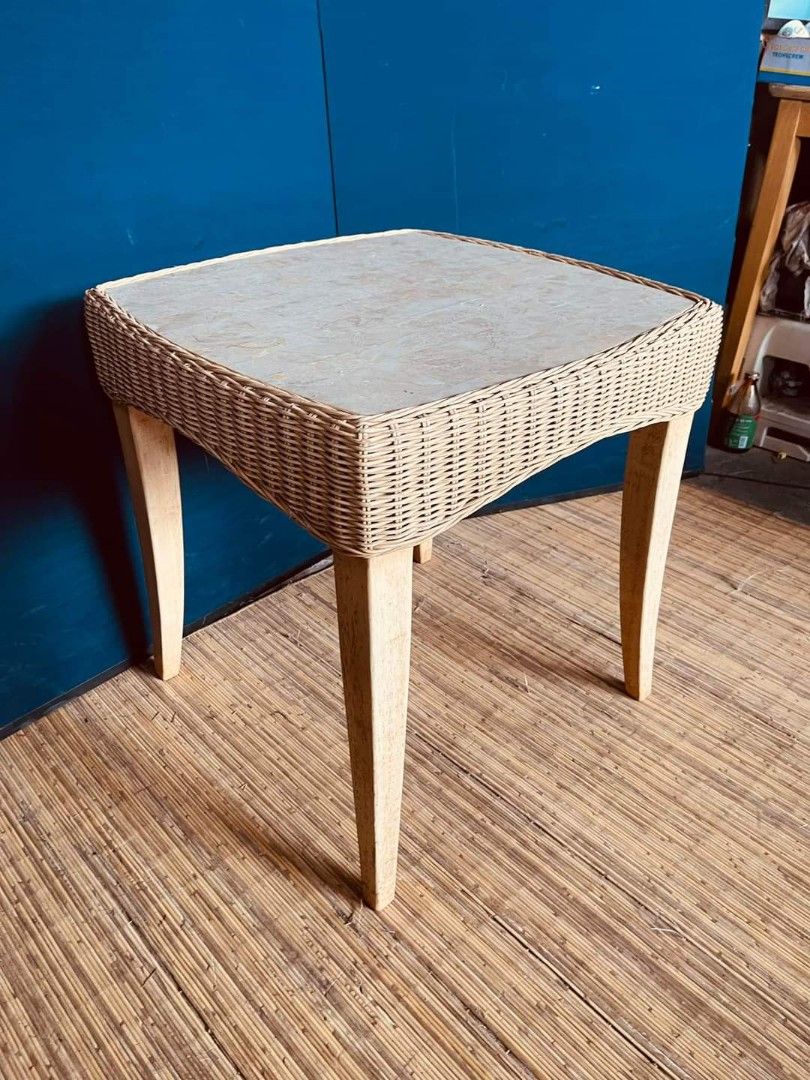 Marble top side table (Category: Tables & Sets) located in Quezon City. Submitted by matetdevis13 (Listing ID 1288779447, Image 3). Description: Marble Top Side Table 21”L x 21”W x 22”H Php 3000 Marble top Wooden legs Rattan accent In good condition.