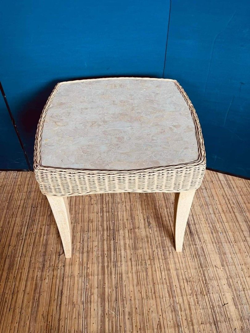Marble top side table (Category: Tables & Sets) located in Quezon City. Submitted by matetdevis13 (Listing ID 1288779447, Image 2). Description: Marble Top Side Table 21”L x 21”W x 22”H Php 3000 Marble top Wooden legs Rattan accent In good condition.