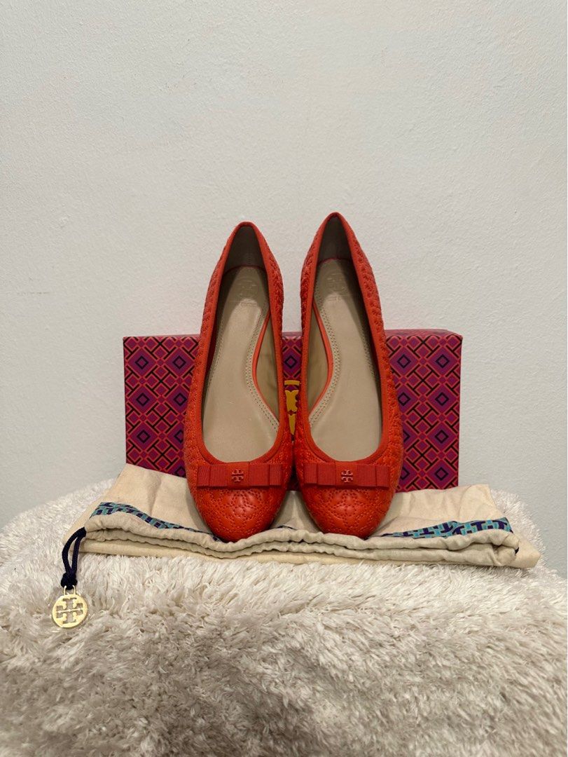 NEW Tory Burch Bryant Quilted Leather Grosgrain Bow Reva Ballet Flats in Coral US 8.5