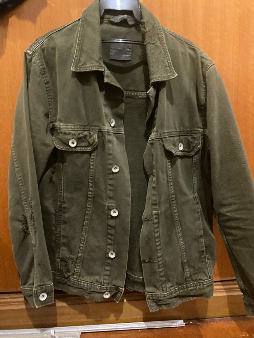 olive green washed denim jacket zara men