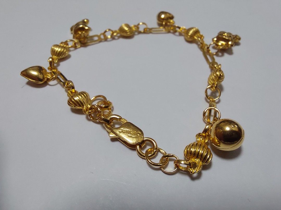 Poh Heng 916 Gold vintage hearts bar chain with 2x bear 2x heart bell Bracelet 4.9g 14.5cm to 15.6cm