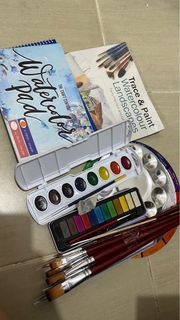 Prang Watercolor + paint brushes + 2 watercolor pads + Watercolor set + pan + Watercolor tutorial book