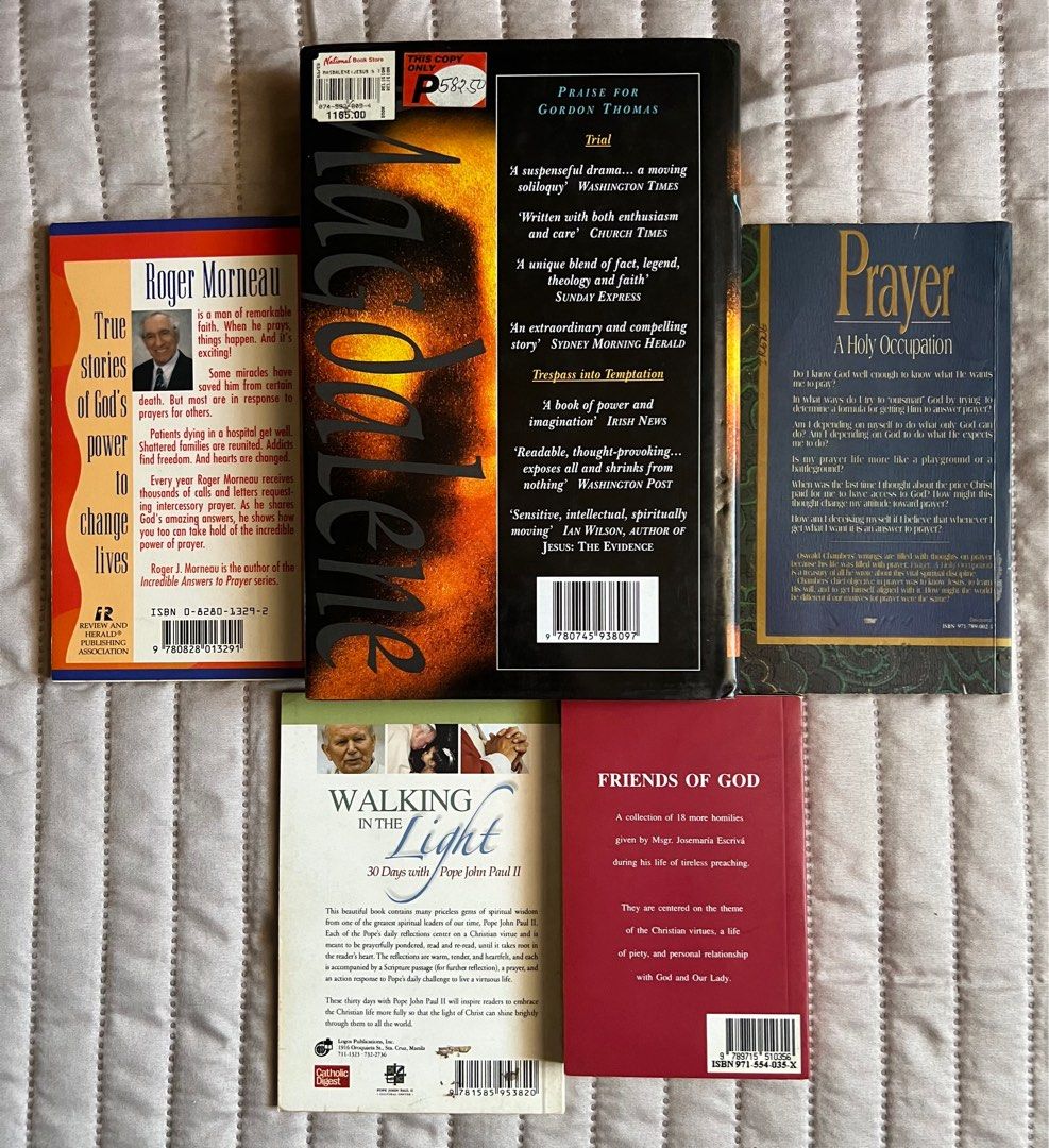 Prayer & Devotional Books (5-Book Bundle) (Category: Religion Books) located in Paranaque City. Submitted by authenticand100pctlegit (Listing ID 1288744776, Image 2). Description: P50 to 300 each / P500 for all AvailableTitles: 1. Magdalene: Jesus & The Woman Who Loved Him - Gordon Thomas (hardcover) P300 2. Prayer A Holy Occupation - Oswald Chambers P150 3. The Incredible Power Of Prayer - Roger Morneau P50 4. Walking In The Light: 30 Days With 