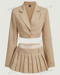 Shein Lapel Crop Blazer and Pleated Skirt Set