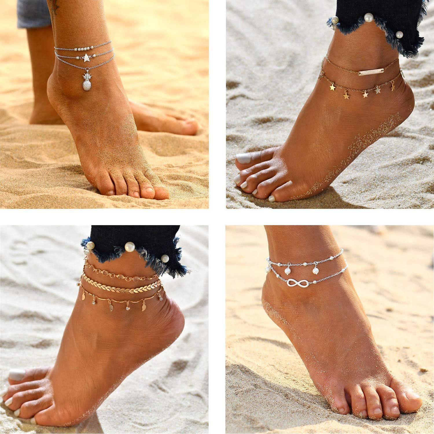 Starain 12pcs Women s Charm Anklet Set Gold Multilayer Adjustable